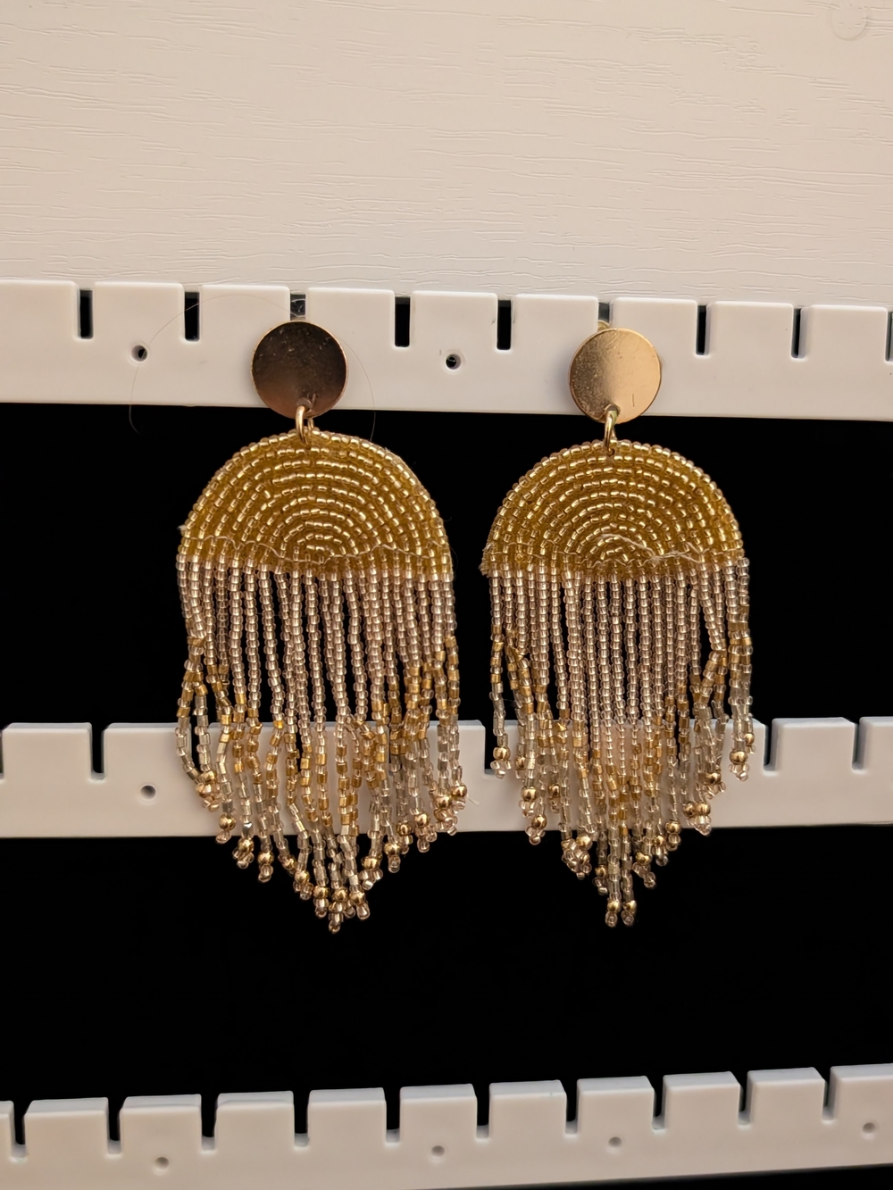 Gold Beaded Fringe Drop Earrings - Women Jewelry - Picture 2 of 2